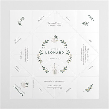 Menu baptême petite église cocotte - vue dépliée