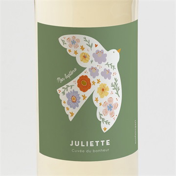 Etiquette de bouteille baptême colombe fleurie