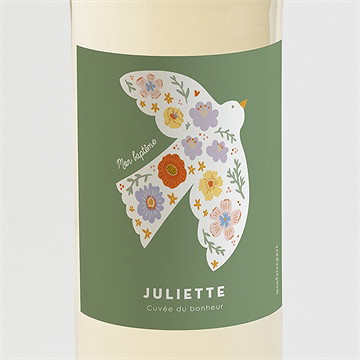 Etiquette de bouteille baptême colombe fleurie
