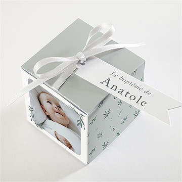 Boîte de dragées baptême photo vert sauge - Dessus de la boîte