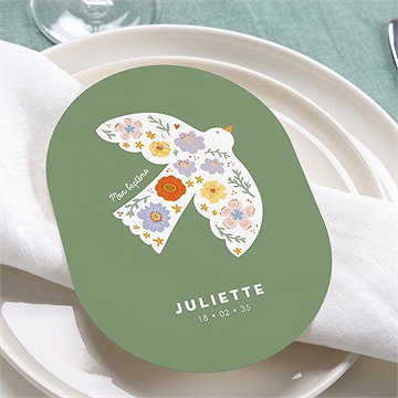 Menu baptême colombe fleurie ovale