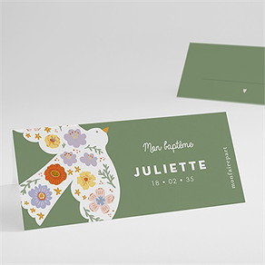 Marque-place baptême colombe fleurie
