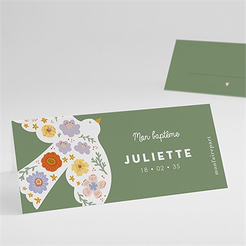 Marque-place baptême colombe fleurie