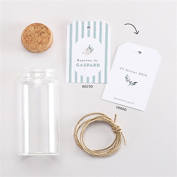 Mignonette baptême colombe et rayures étiquette - Vue d'ensemble