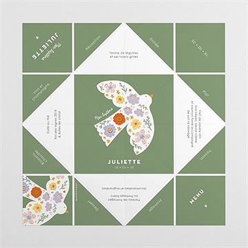 Menu baptême colombe fleurie - vue dépliée