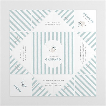 Menu baptême colombe et rayures cocotte - vue dépliée