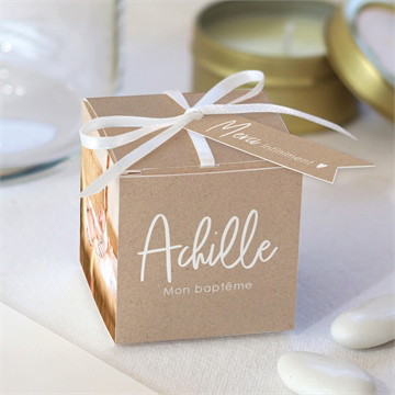 Boîte de dragées baptême kraft pictos argent