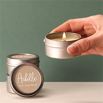Bougie baptême kraft pictos argent - Bougie allumée