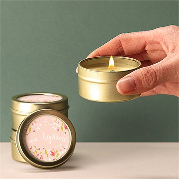 Bougie baptême douceur végétale rose - Bougie allumée