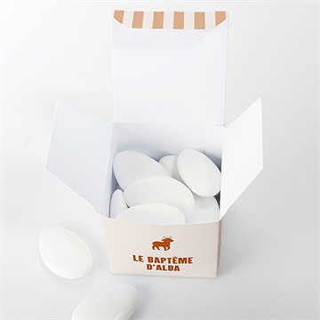 Boîte de dragées baptême rayures ocres - Intérieur de la boîte