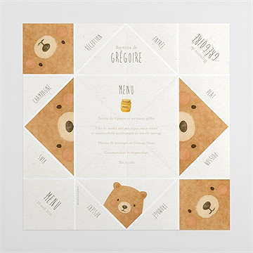 Menu baptême ours mondoudou cocotte - vue dépliée