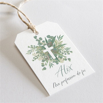 Etiquette profession de foi croix et feuillage