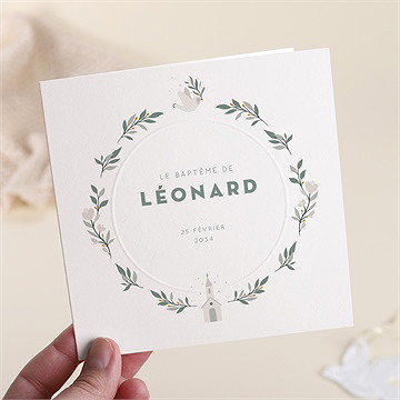 Faire-part de baptême petite église gaufrage