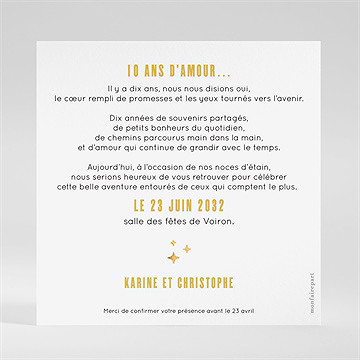 Invitation anniversaire de mariage noces d'étain 10 ans - Dos de l'invitation