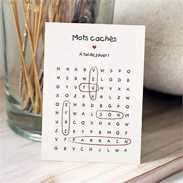 Carte demande parrain marraine mots cachés parrain - Dos du faire-part