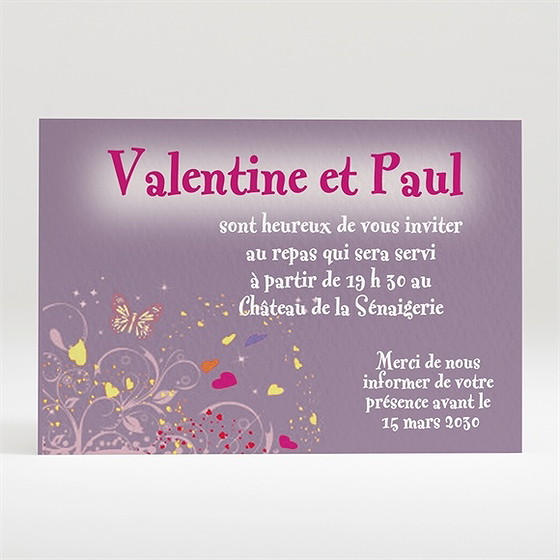 Carton d'invitation mariage violet et papillons