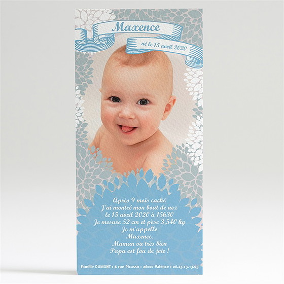 Faire-part naissance gris et bleu