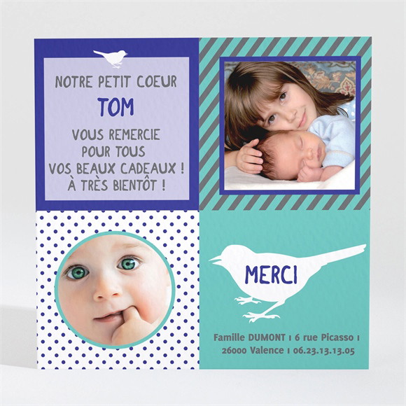 Remerciement naissance Bel oiseau sur fond bleu vert réf.N30008
