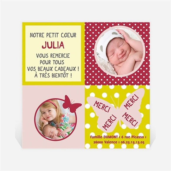 Remerciement naissance Cadre Papillon réf.N30009