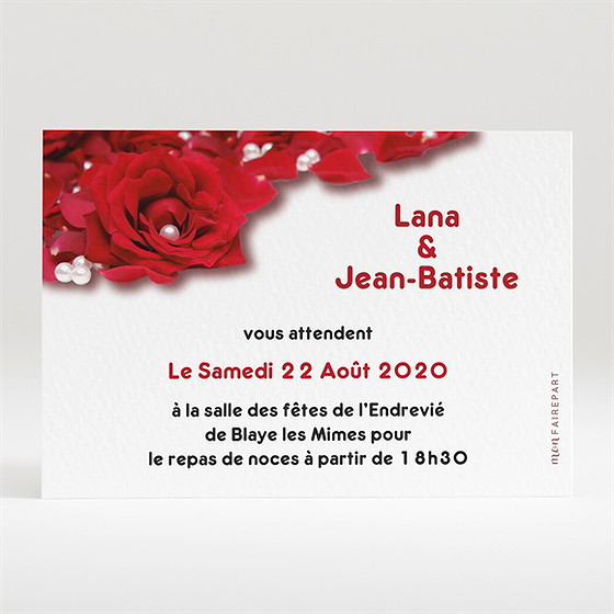 Carton d'invitation mariage roses rouge et perles