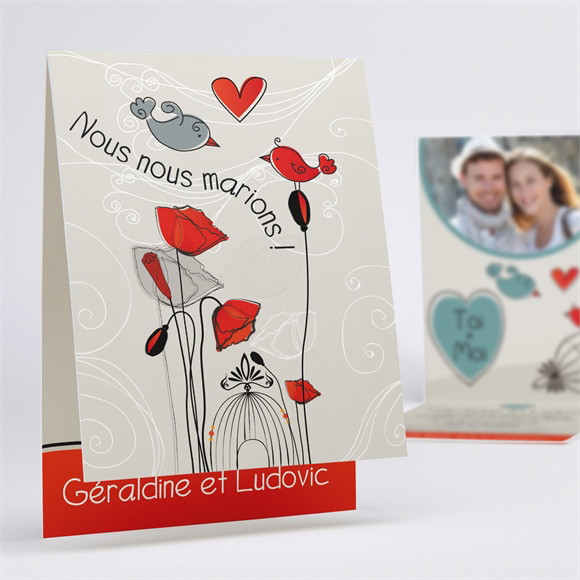 Faire-part mariage Fleurs rouges et grises réf.N50118