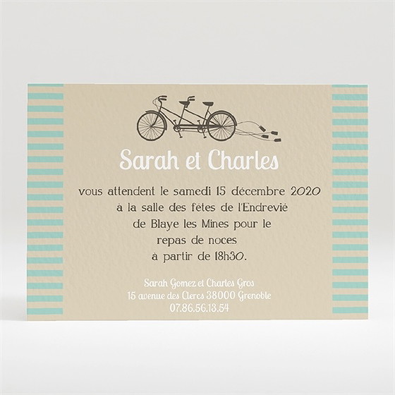 Carton d'invitation mariage deux mariés à vélo