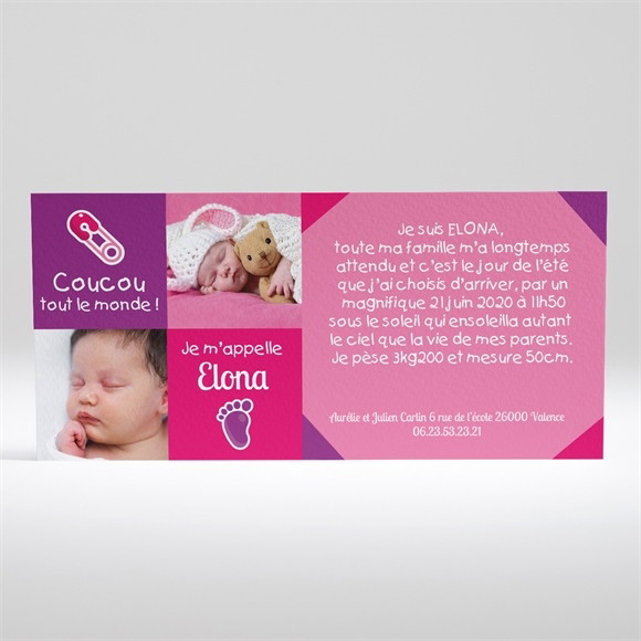 Faire-part naissance Coucou violet et rose réf.N13006