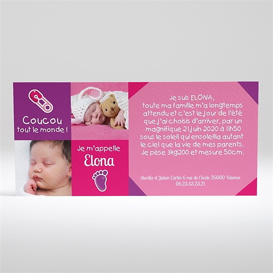 Faire-part naissance coucou violet et rose