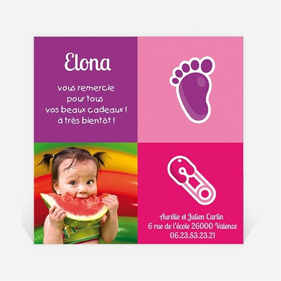 Remerciement naissance Coucou violet et rose réf.N30048