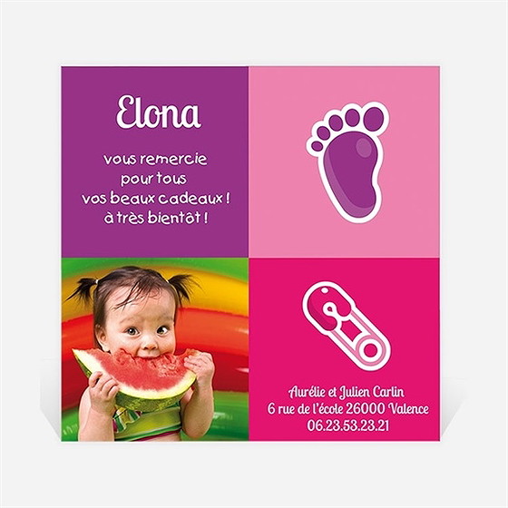 Remerciement naissance coucou violet et rose