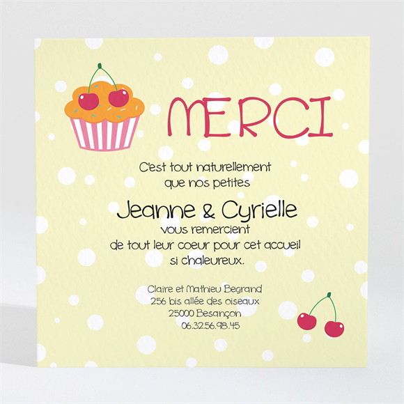 Remerciement naissance Les Deux cerises sur le gâteau réf.N30063