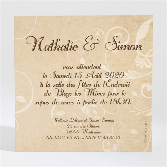 Carton d'invitation mariage Imitation original beige réf.N300114
