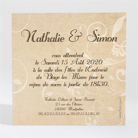 Carton d'invitation mariage imitation original beige