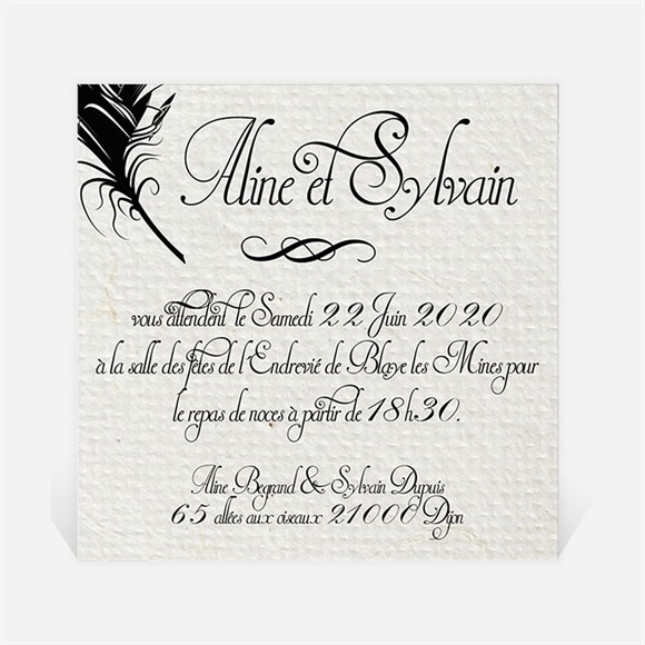 Carton d'invitation mariage Plume noire réf.N300123