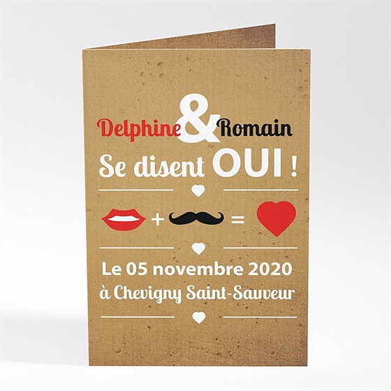 Faire-part mariage rouge à lèvres et moustache