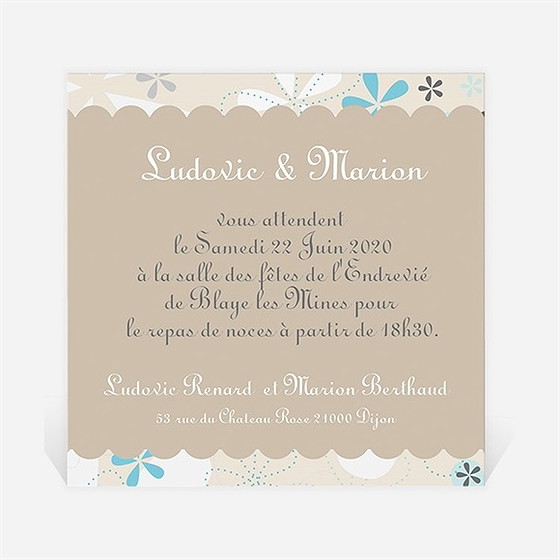 Carton d'invitation mariage petits flocons bleu et beige