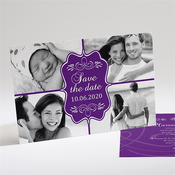 Faire-part mariage médaillon violet et photos