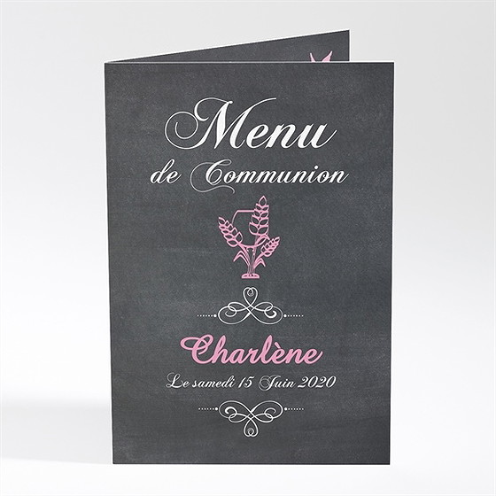 Menu communion fond ardoise et photo