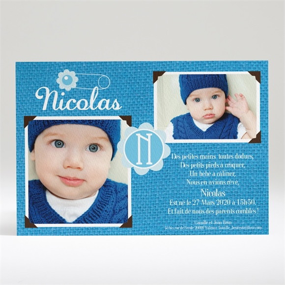Faire-part naissance 2 photos pour Lui réf.N14014