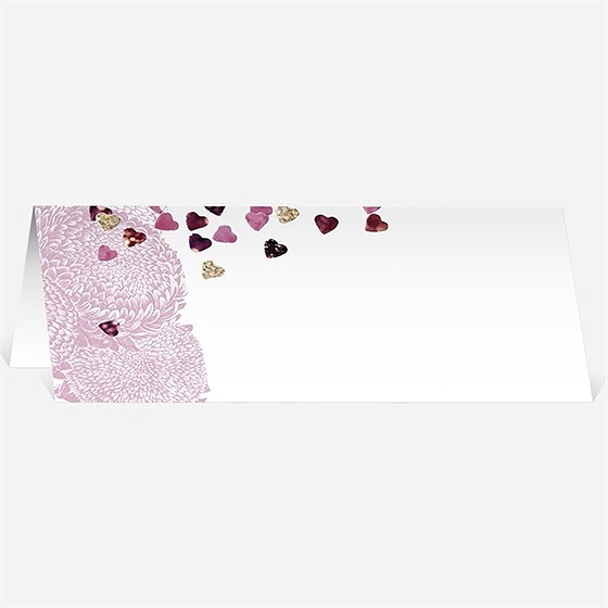 Marque-place mariage bouquet de fleurs et coeurs