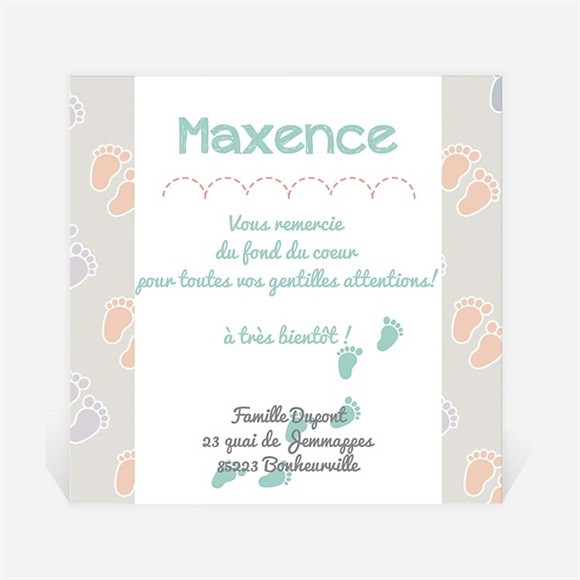 Remerciement naissance Petits pieds sur fond gris réf.N300247