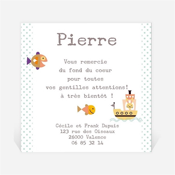 Remerciement naissance Petit Bateau et poissons réf.N300249