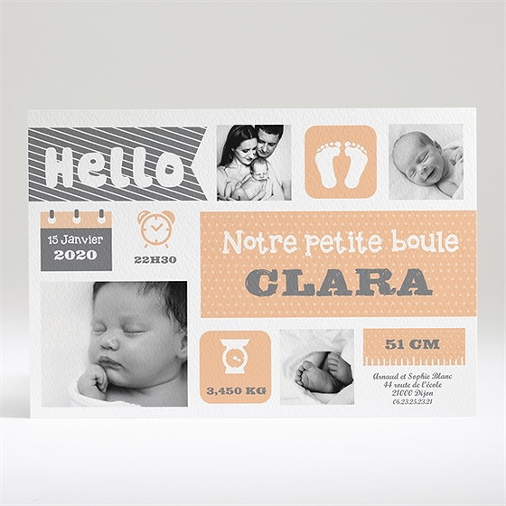 Faire-part naissance gris corail et illustrations