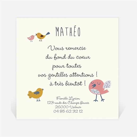 Remerciement naissance Petits oiseaux doux réf.N300272