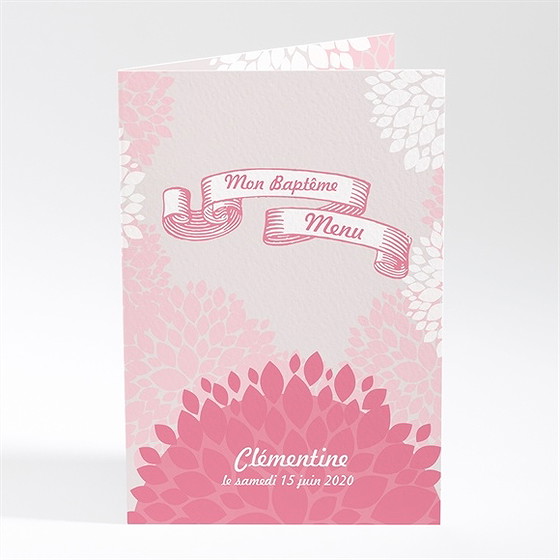 Menu baptême banderole de fleurs roses