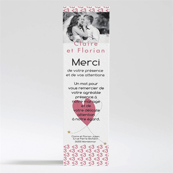 Remerciement mariage Coeur et motifs rose réf.N200275