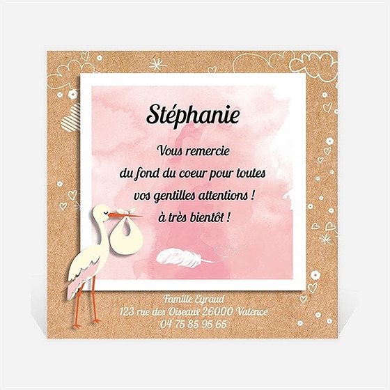 Remerciement naissance la cigogne en kraft fille