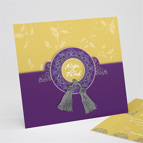 Faire-part mariage medaillon jaune et violet