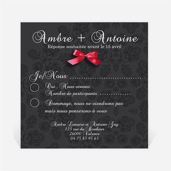 Carton réponse mariage vintage noir et rouge réf.N300314