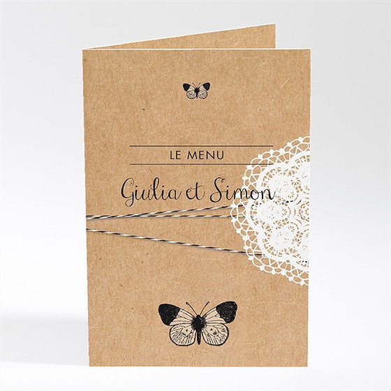 Menu mariage dentelle kraft papillon
